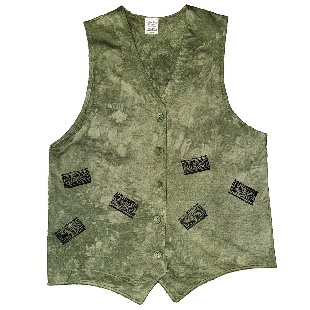 VTG Andrea Bragg Western Horse Vest XL Green TieDye Button Front Primitives Boho